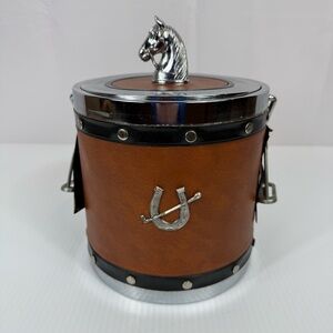 Vintage Polo Equestrian Themed Ice Bucket Faux Leather Brown Horse Lid Stirrups